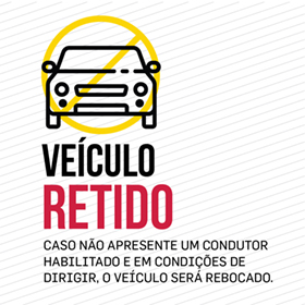 Imagem ilustrada com símbolo de proibido com o texto: Veículo retido (caso não apresente um condutor habilitado e em condições de dirigir o veículo é rebocado)